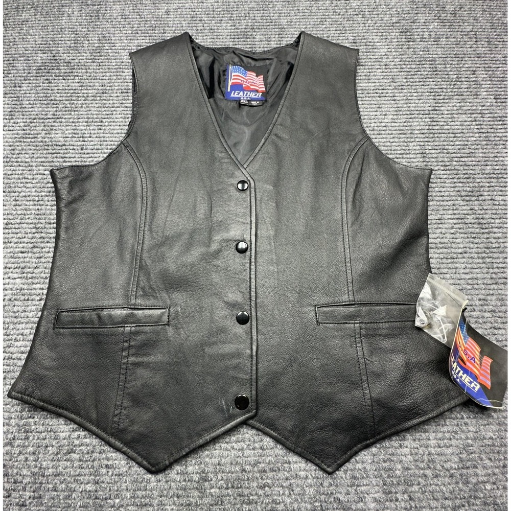 USA Leather Vest Womens 2XL Black B320 Genuine Leather Snap Front Western Style - Picture 1 of 9